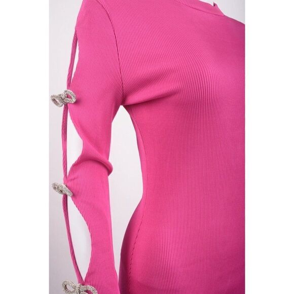 Mach & Mach Cut Out Maxi Dress Crystal Bows US 8 EU 40 Pink Long sleeved NWD - Picture 4 of 8